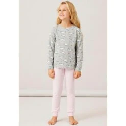 Name It Schlafanzug »NKFNIGHTSET GREY MELANGE UNICORN NOOS«, (2 Tlg.), Mit Einhorn Druck