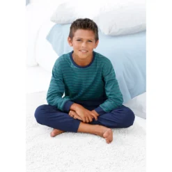 Le Jogger® Pyjama, (2 Tlg., 1 Stück), Mit Zweifarbig Gestreiftem Oberteil
