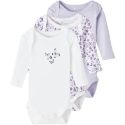 Name It Langarmbody »NBFBODY 3P LS PURPLE FLOWER NOOS«